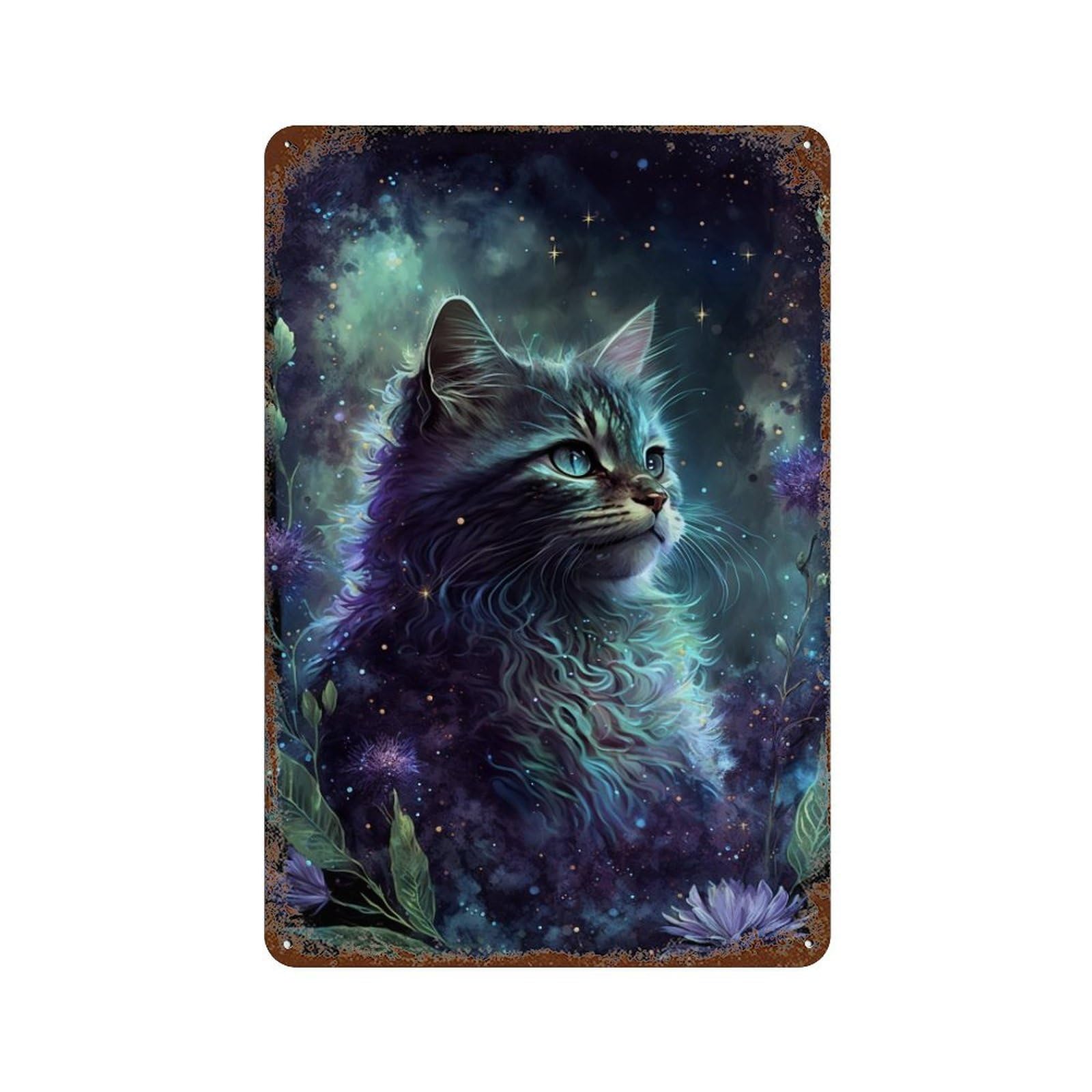 Magical Celestial Cat Artwork 11.8"x7.9" Rust Effect Tin Sign, Vintage Wall Decor for Farmhouse, Kitchen And Entryway Decor
