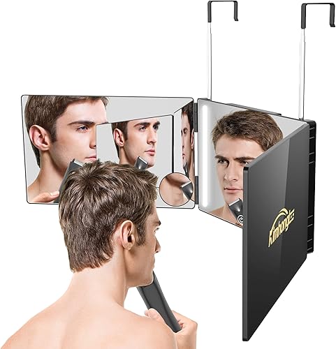 Espejo de 3 vías con LED para corte de pelo automático 360 espejos de barbero de 3 lados ajustables en altura para ver la parte posterior de la