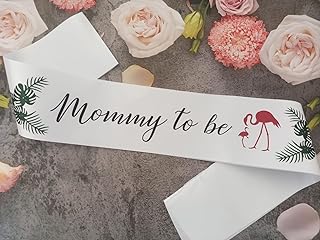 Mommy to Be Sash for Baby Shower - Flamingo and Palm leaf Sash for New Mom -Gift Ideal for Gender Reveal, Pregnancy Announcement, Welcome Baby,Pink or Blue Party Decorations