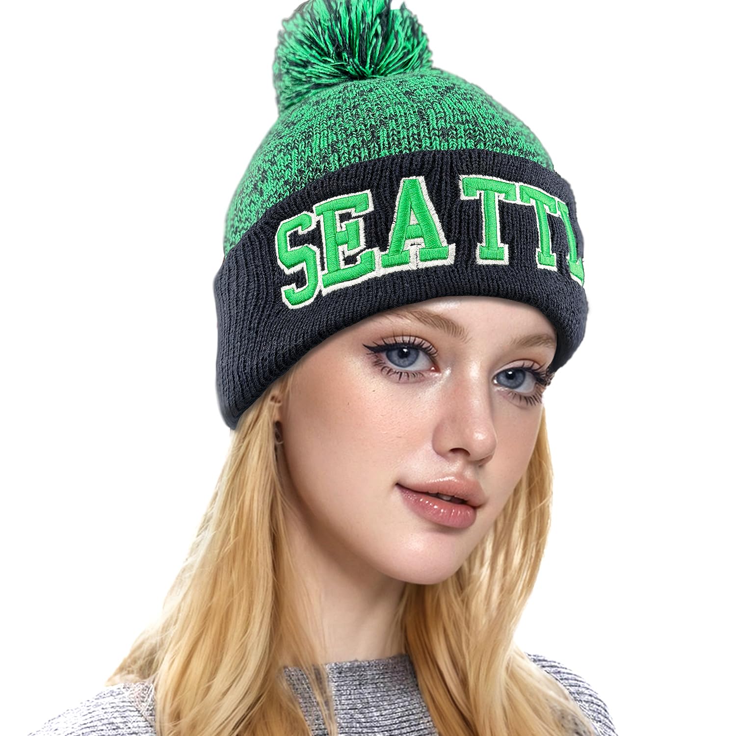 YANGUMGUAN Seattle Beanie Hat for Men and Women Super Soft Football Knit Pom Beanie Hat Warm Winter Beenie Toque Watch Cap for Football Fans One Size