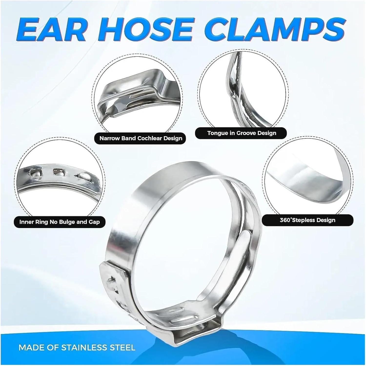 185Pcs 304 Stainless Steel Single Ear Hose Clamps, 5.3-33.1mm Stepless Cinch Rings Crimp Hose Clamps Kit for Automotive Plumbing