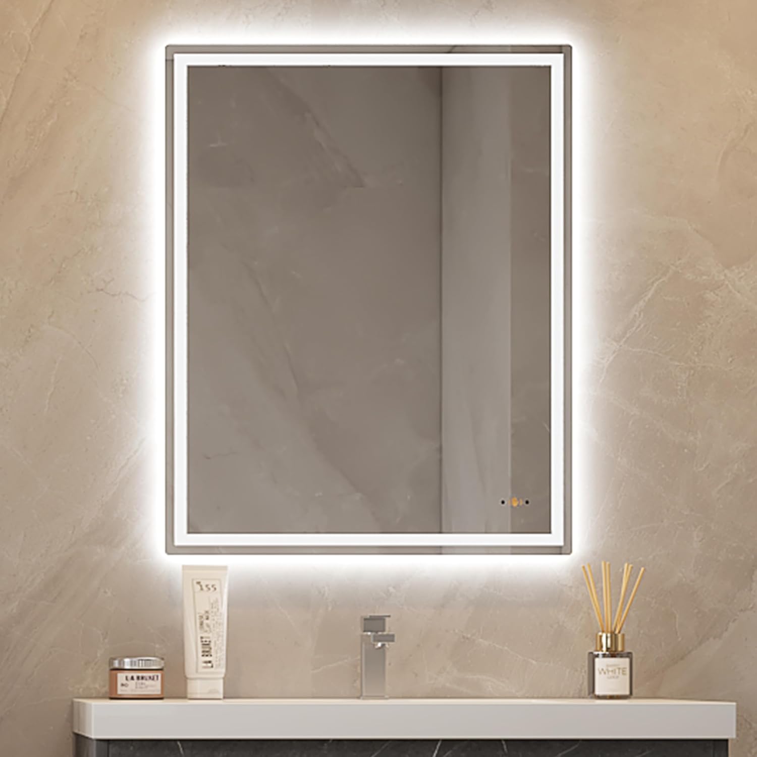 LED Bathroom Mirror, 24 x 30 Gesture Sensor Bathroom Mirror with Lights, Wall Mounted Rectangle 3-Color Dimmable Lighted Mirror with Frontlit & Backlit, CRI>90, Memory