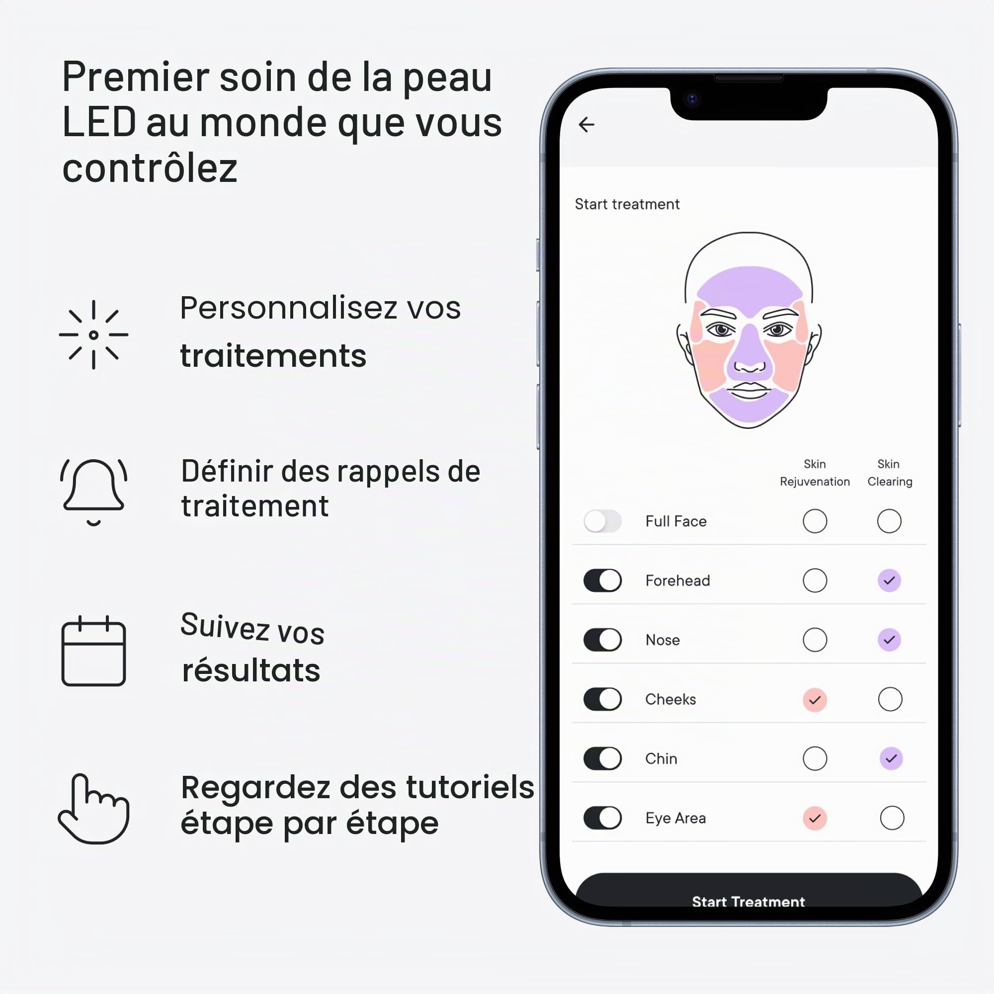 Qure Masque de soin de la peau LED avec 5 modes différents (thérapie par lumière rouge, lumière ambre et thérapie par lumière bleue) Un appareil avec paramètres et traitements personnalisables.