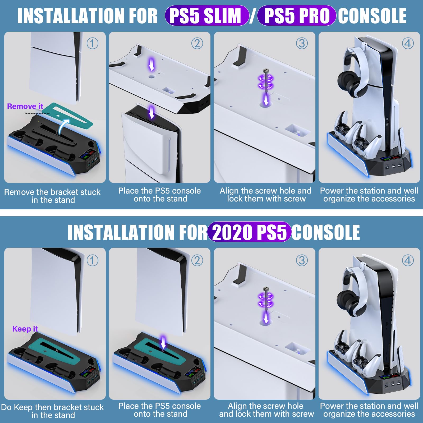 PS5/PS5 Slim Cooling Station Stand RGB con Dual Controller Base de carga para PlayStation 5 Consola PS5, accesorios PS5 incl. cargador de controlador, ventilador de refrigeración, soporte para
