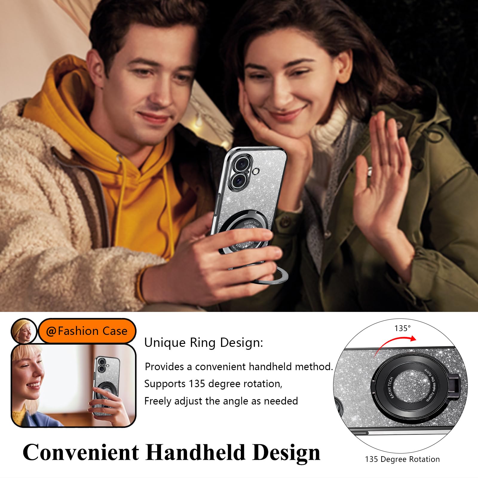Kainevy for iPhone 16 Plus Case Clear Glitter Compatible with MagSafe with Stand Magnetic Ring Holder Cover iPhone 16 Plus Phone Case Silicone Shockproof Slim Cute Sparkle (Black) - Image 4
