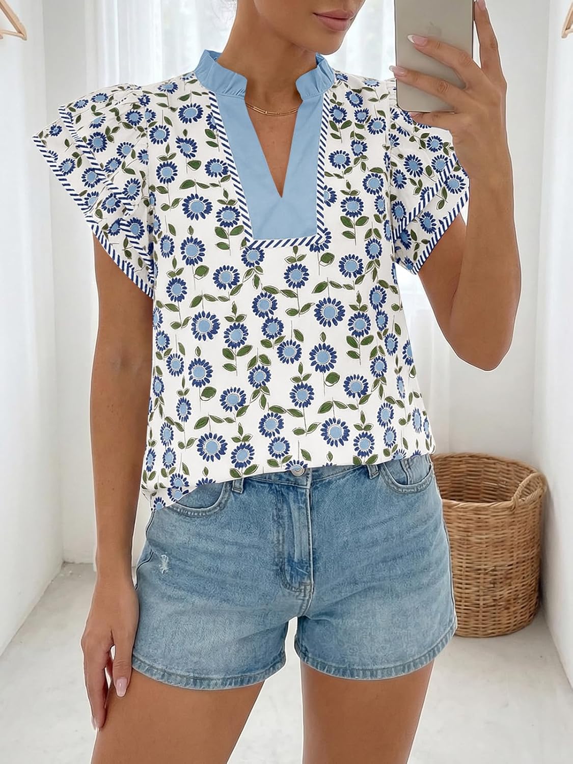 Tankaneo Womens Ruffle Sleeve Floral Blouses Summer Dressy Casual V Neck Tops Loose Fit Pleated Flowy Shirts