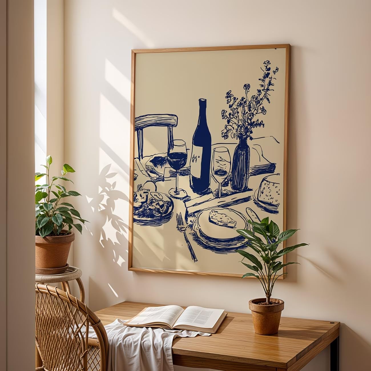 ZHAOLIN Plakat ścienny w stylu vintage z minimalistycznym francuskim śniadaniem z zielonym winem i serem, na płótnie (60 x 90 x 3 cm, bez ramki).