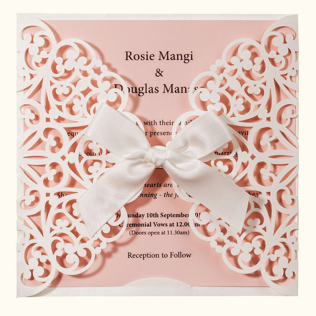WISHMADE 5.9 X 5.9 Inch 50PCS Personalized Laser Cut Quinceanera Invitations With Envelopes Hollow Rose Pocket with Bowknot White & Pink Invitation Kit