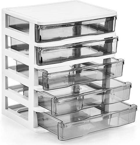 DEAYOU Unidad de almacenamiento de escritorio de 5 cajones, organizador de plástico pequeño, marco blanco con cajón transparente, mini estuche para
