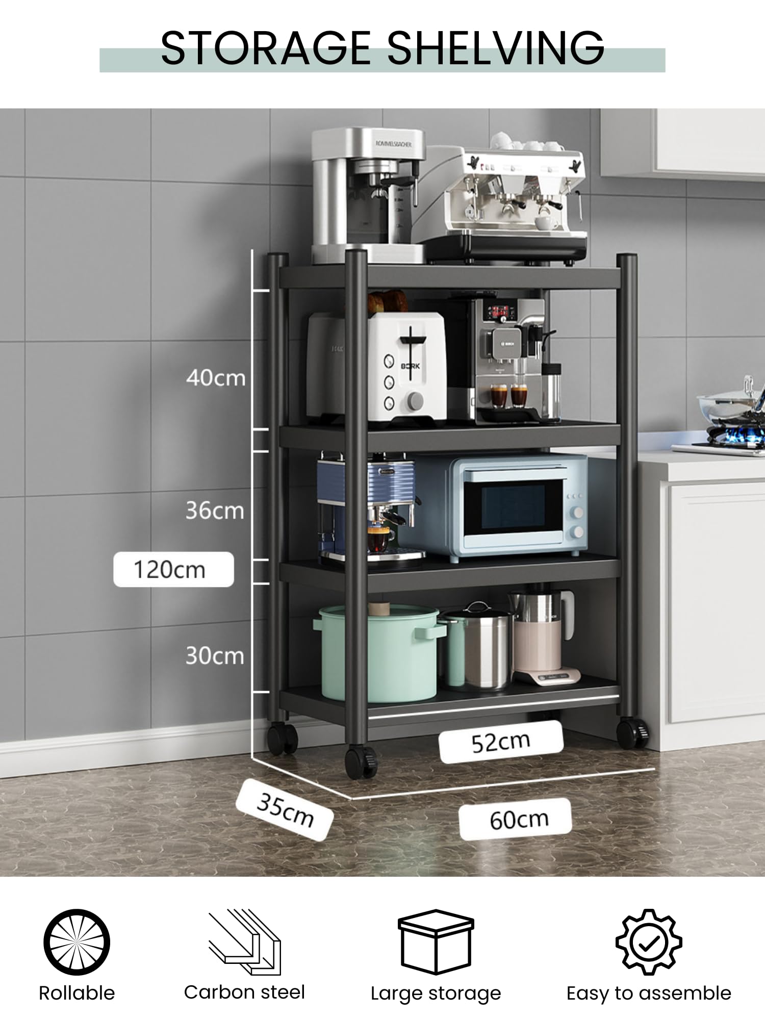 MAGIC SELECT Estantería para Almacenaje,Estante con Ruedas, Estantería de Pie,Repisa Metálica Multiusos, Mueble para Cocina, Baño, Habitación, Garaje, Salón con 4 Baldas de Almacenamiento.