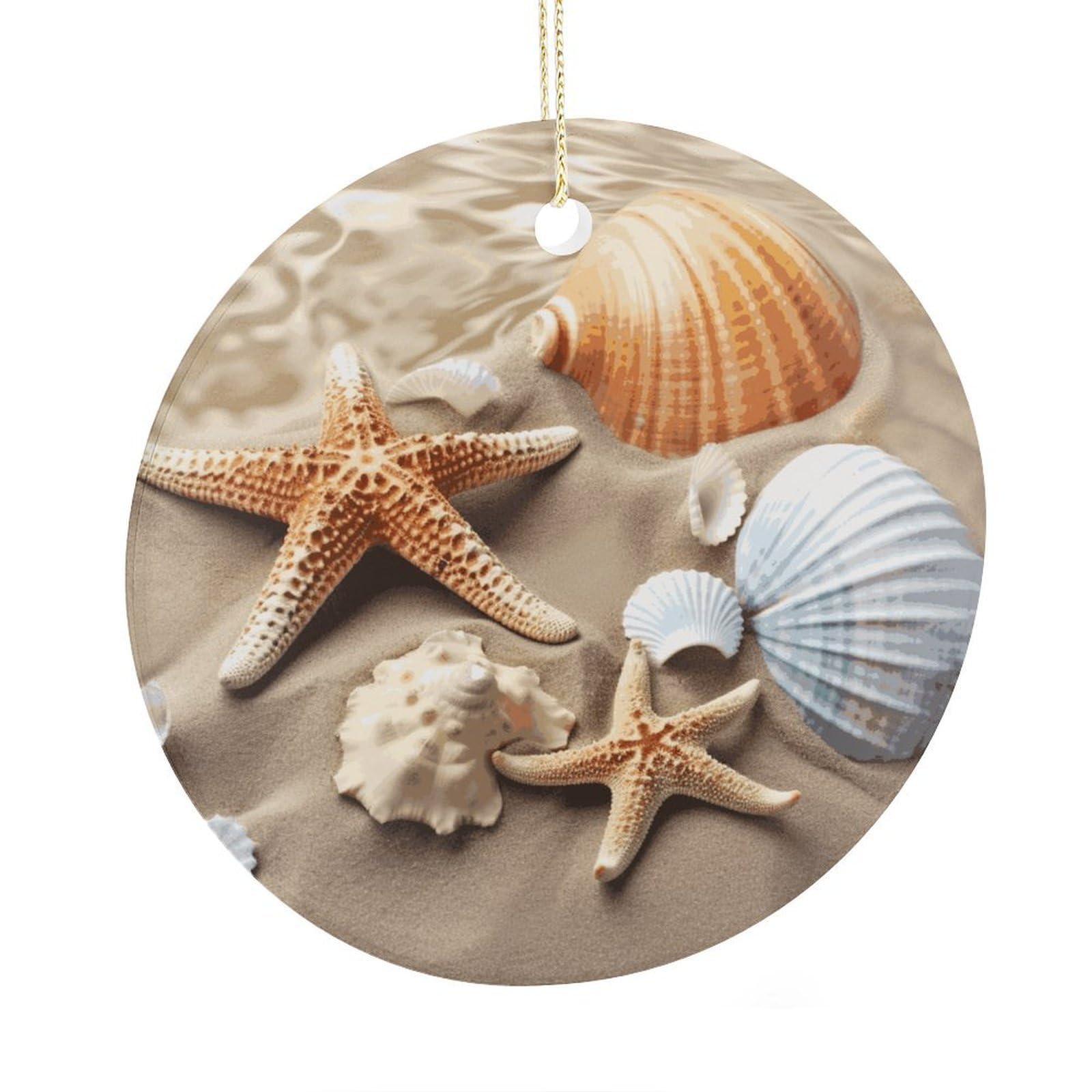 Adfgyerh Style Sea Shell Starfish Ceramic Circular Pendant,2.9 Inch，Hanging Ornament，Gift Exchange Idea Round Ceramic Ornament,For Mom And Daughter，For Home Indoor Outdoor Decor.
