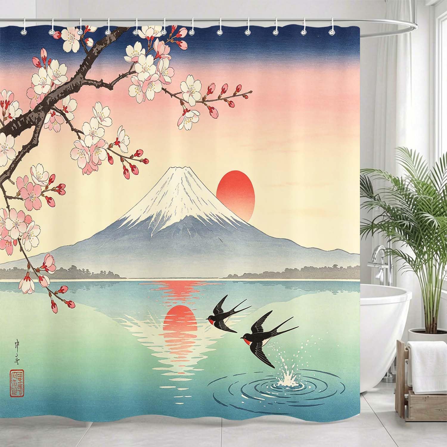 Rideau de Douche Anti Moisissure Paysage Japonais, Rideau de Bain Fleurs de Cerisier 3D Rideaux de Douche en Polyester, Imperméable, Lavable en Machine, avec Crochets, 300 x 200 cm 385-YLP