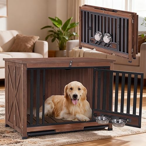 Muebles de jaula para perros de 33.3 pulgadas, jaulas plegables para perros con cuencos giratorios de 360, jaula de madera para cachorros con marco