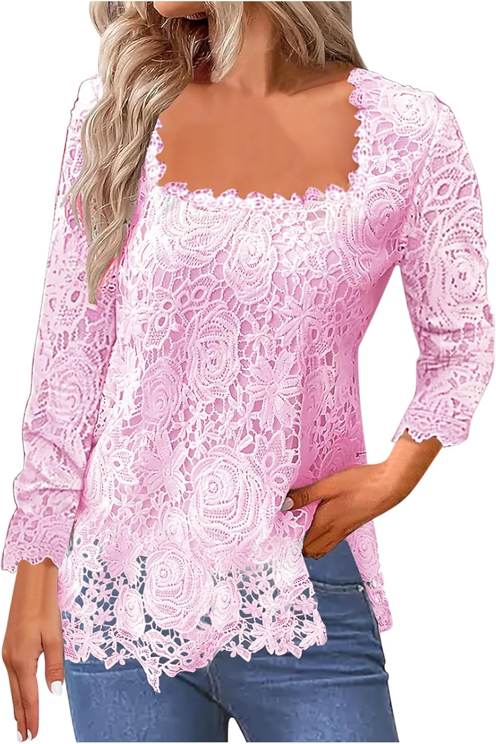 FZYLQY Lace Tops for Women Dressy Casual Square Neck Long Sleeve Crochet Tops Elegant Cute Spring Tunic Blouses Shirts