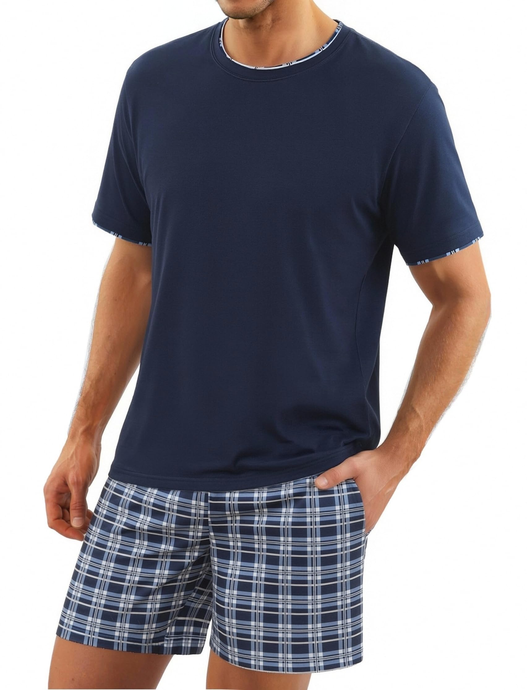 Litherday Schlafanzug Herren Kurz Pyjama Baumwolle Kurzarm Zweiteiliger Pyjama Set Nachtwäsche Kurzarm Oberteil und Karierte Schlafanzughose Hausanzug Sleepwear Weich und Hautfreundlich