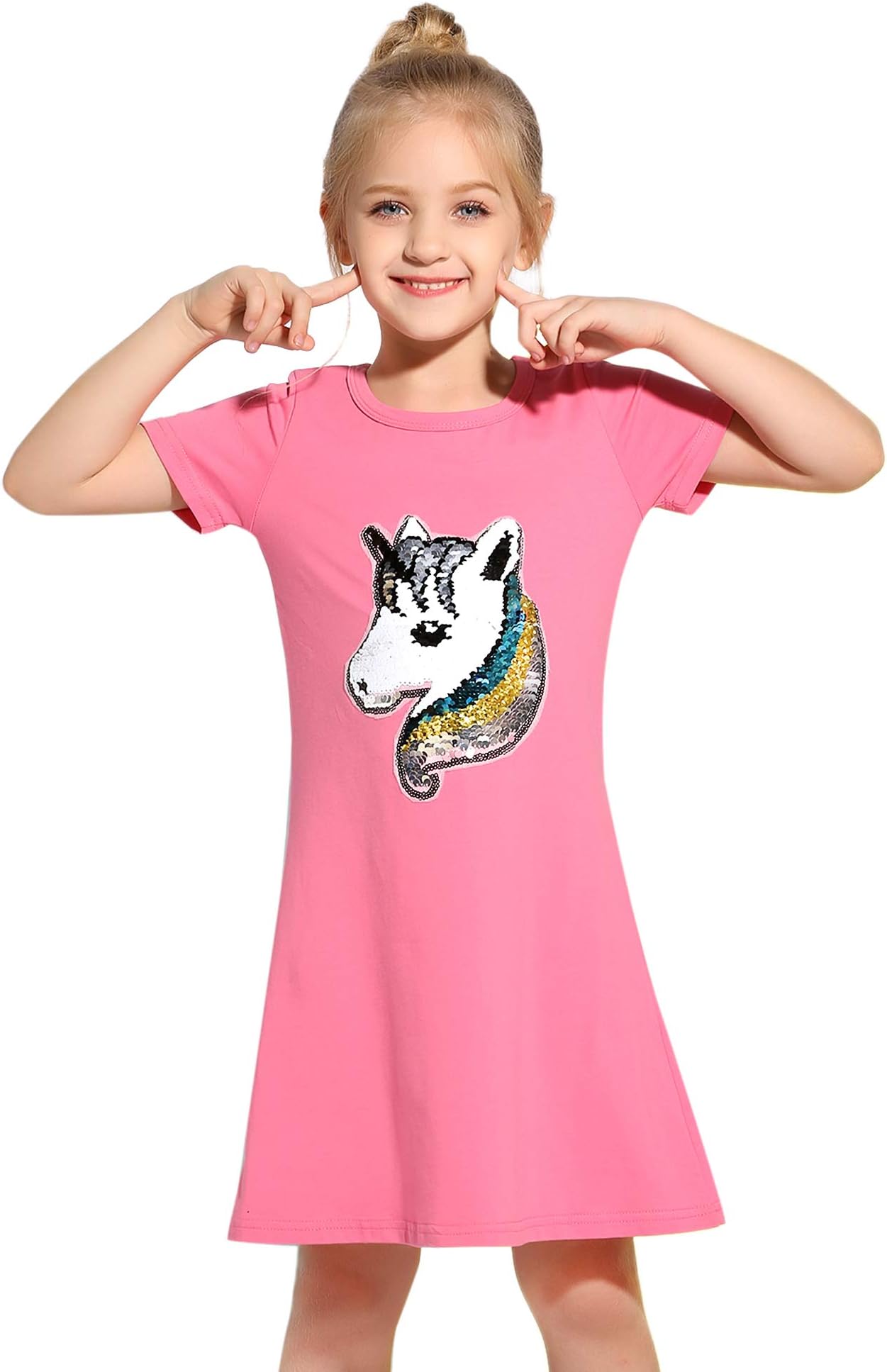 Arshiner Girls Summer Dress Kids Short Sleeve Cotton Sequins Printed T-Shirt Dresses