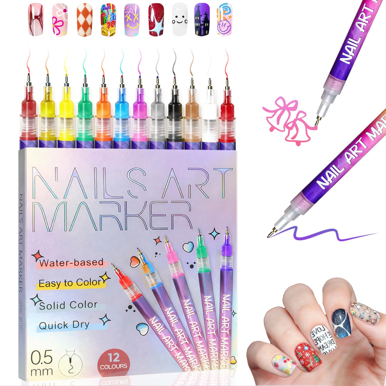 Photo 1 of 12 Colors Nail Art Pens Set with 0.5mm Fine Tip, Waterproof & Quick-Drying Nail Art Pens for Painting Nails, DIY 3D Doodle Design, Portable Nail Polish Pens Tool