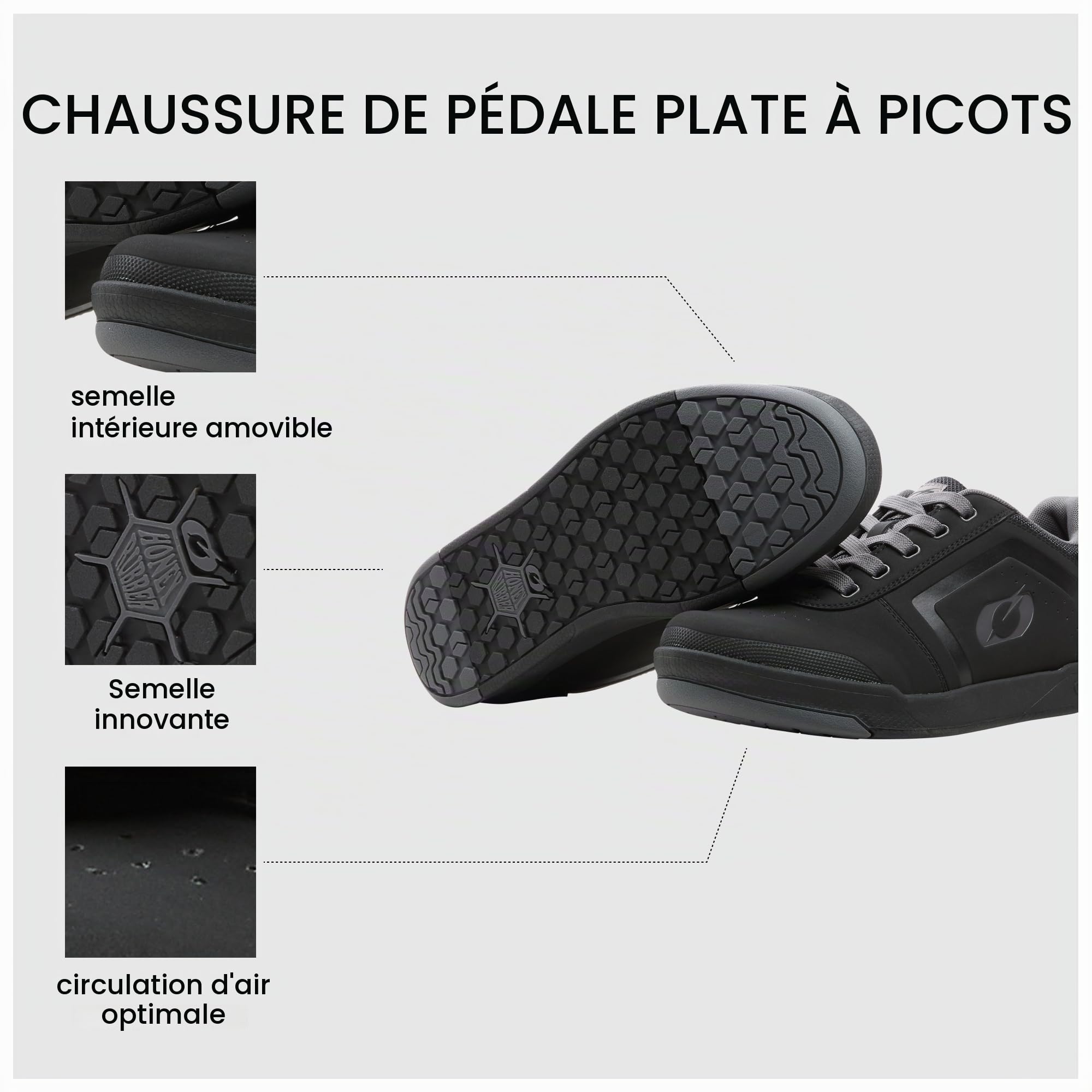 O'NEAL | Chaussures de vélo de Montagne | Downhill | Vegan | Equilibre Entre l'adhérence et Le repositionnement du Pied | Chaussure Pinned Flat Pedal V.22 | Adulte | Noir Gris | 43
