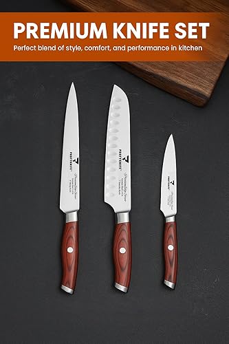 Miniatura 2 de PrecisionEdge - Juego de cuchillos de chef japonés ultra afilado, 3 piezas, cocina profesional con asas de madera de Pakka roja, juegos de cuchillos
