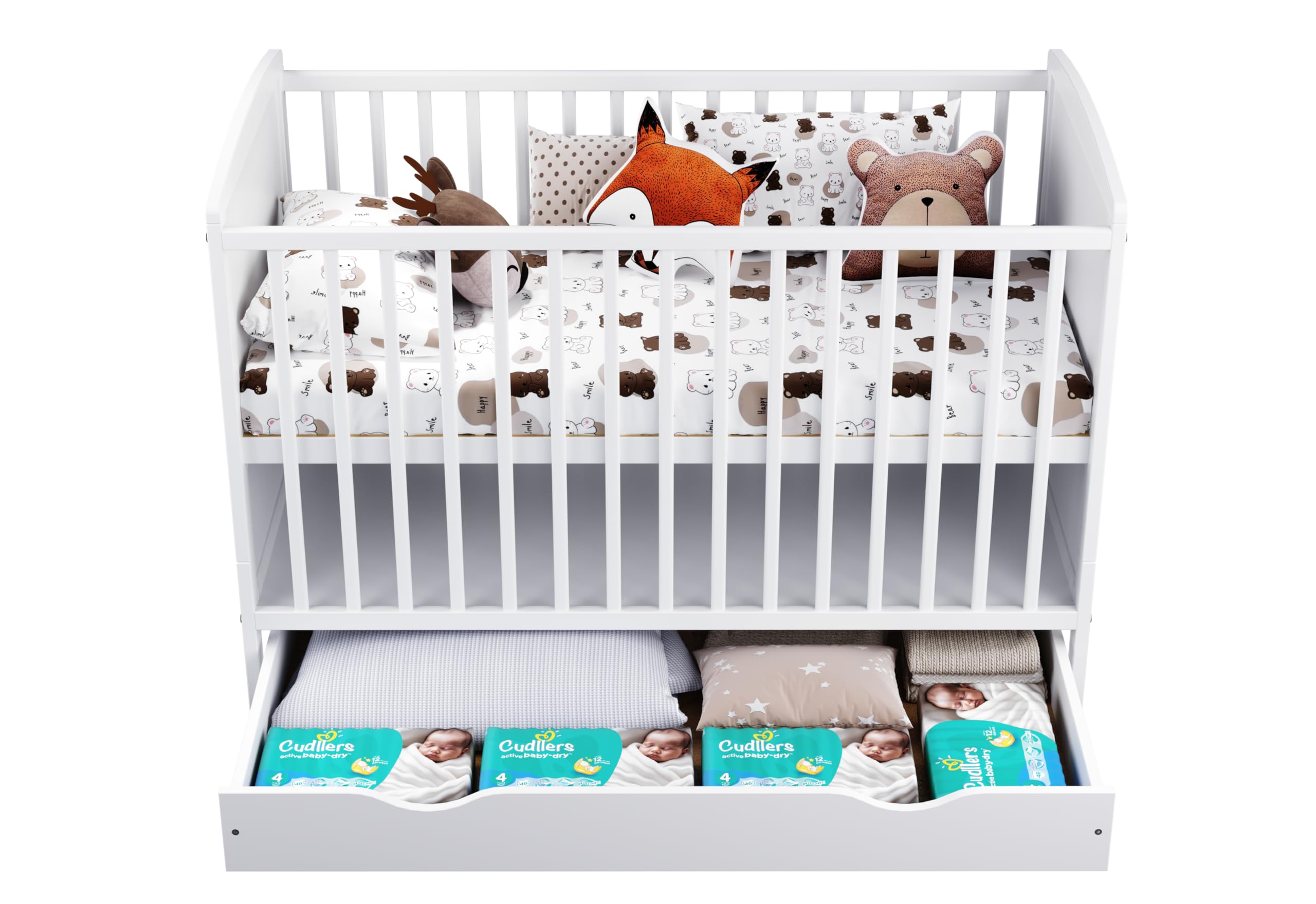 Genérico Cuna Bebé Convertible 60x120 cm con Cajón, 3 Alturas de Somier, 3 Barrotes Extraíbles, Cama Infantil Evolutiva Blanca (sin colchón)