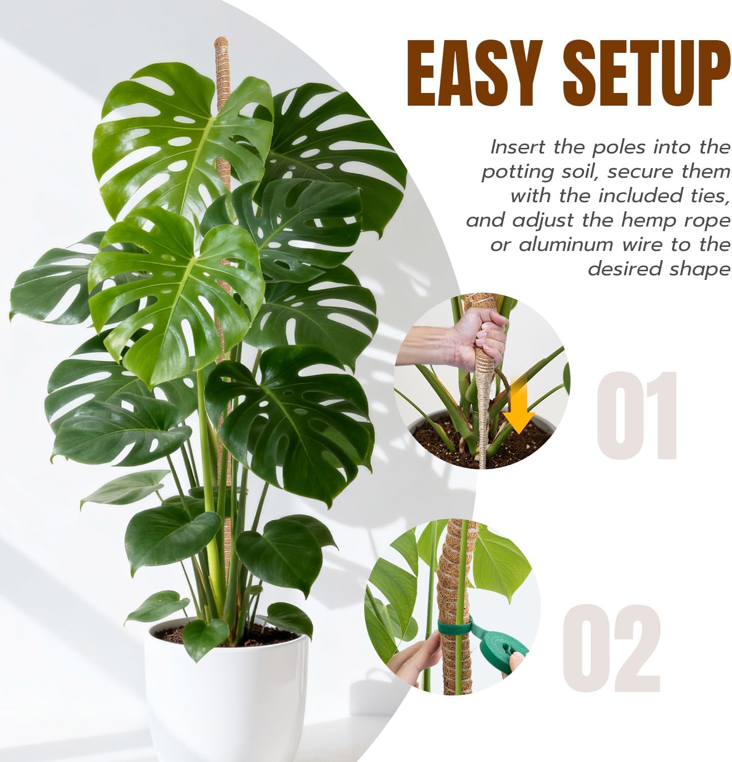 Mcbazel 2 Pack 63 Inch Bendable Moss Pole for Plants Monstera - Extra Tall 5.2ft Coco Coir Plant Support Stakes for Large Indoor Climbing Vines - Flexible Totem Stick Kit with Rope, Wire & Ties image 5