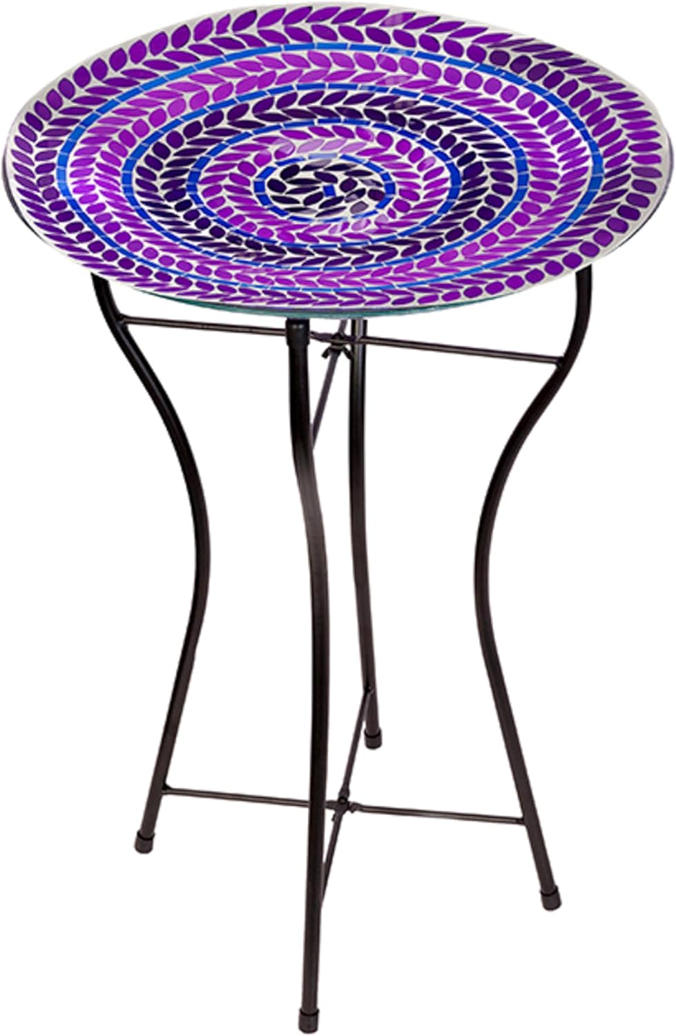Audubon Glass Mosaic Purple Bird Bath with Folding Steel Stand – Decorative Outdoor Garden Birdbath with Leaf Pattern Tiles, Easy-Clean Glass Bowl, 16" Diameter, 22.5" Height