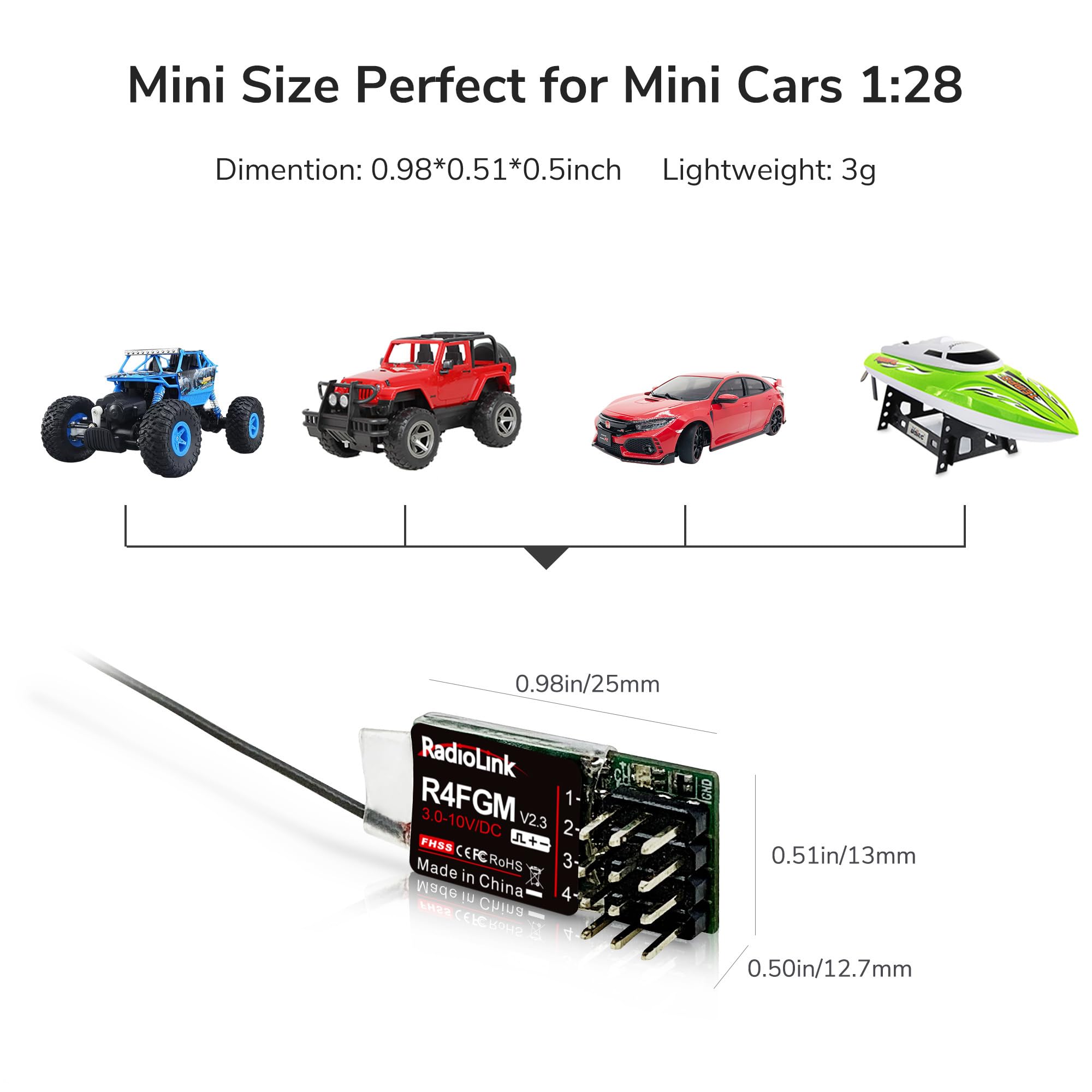 Radiolink R4FGM V2.1 2.4Ghz 4 Canali RC Gyro Ricevitore per Mini RC Auto 400m Controllo a Lungo Raggio per RC Telecomando RC8X/RC6GS V3/RC4GS V3