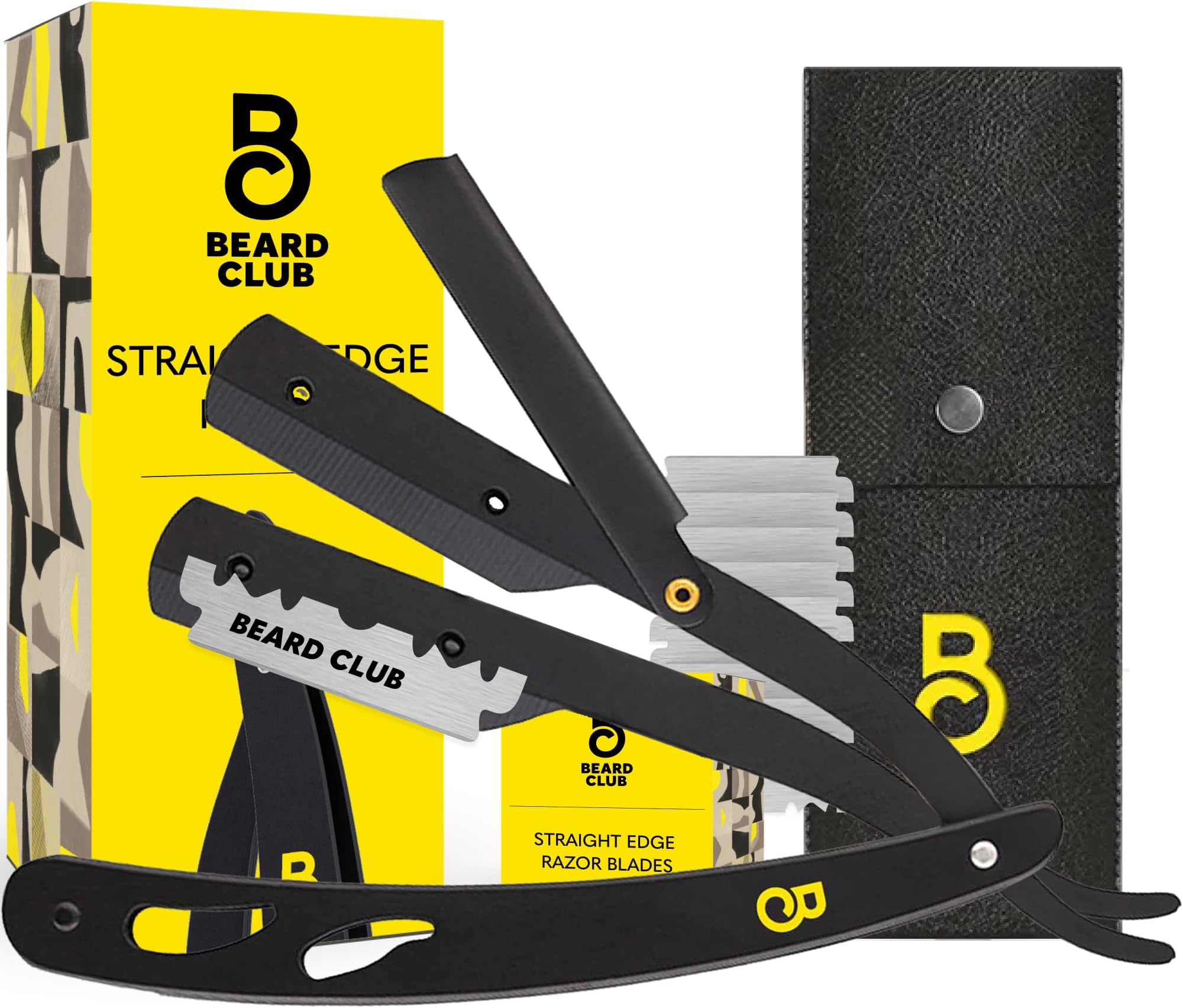 The Beard Club Straight Razor for Men - Navajas Para Barbero - Barber Straight Edge Razor Kit - Premium Single Derby Blade Cutthroat With 10 Replaceable Stainless Steel Blades & Leather Case