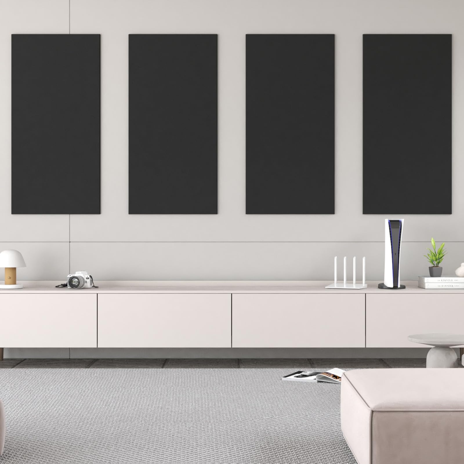 TONOR Panneau Mural Decoratif Adhésifs, 4 Panneaux 112x55 cm, Panneau Acoustique pour la Décoration Murale Intérieure, Studio, Salon, Bureau, Noir Profond