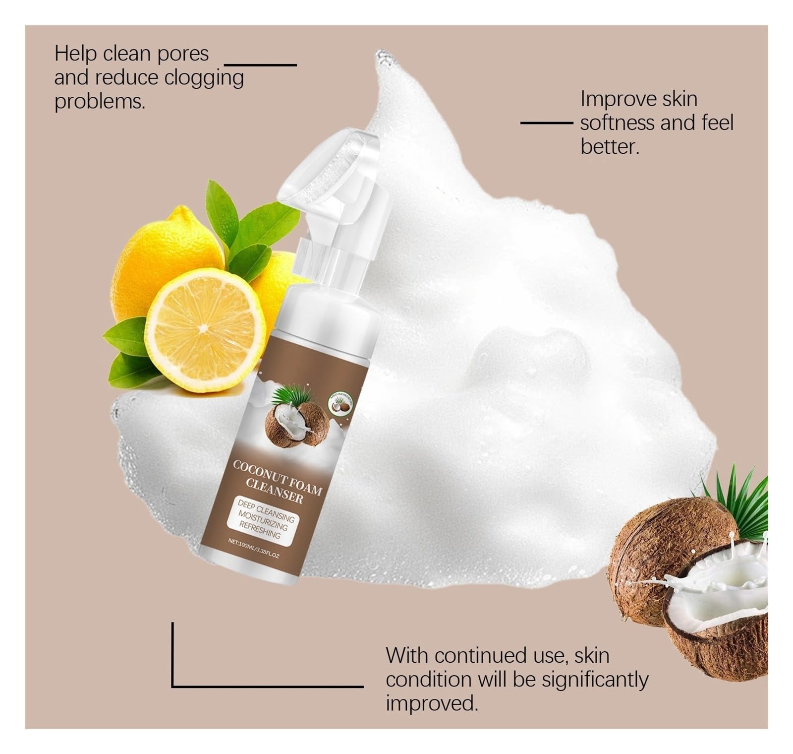 Limpiador facial de espuma de coco de 100 ml, limpia suavemente los poros, controla la grasa y deja la piel suave y flexible(2pcs)