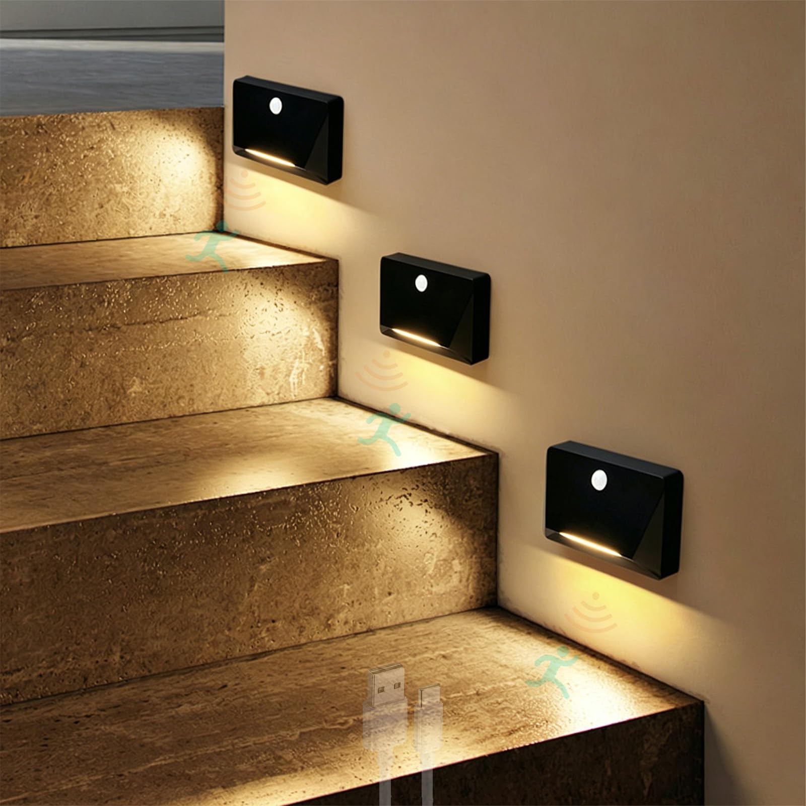 LED Wandleuchten mit Bewegungsmelder Akku Wandbeleuchtung Treppenlicht Nachtlicht USB Aufladbar Magnetische Wandleuchte Wohnzimmer Schlafzimmer Flur Treppenhaus (Schwarzes Warmes Licht,3 Stück)