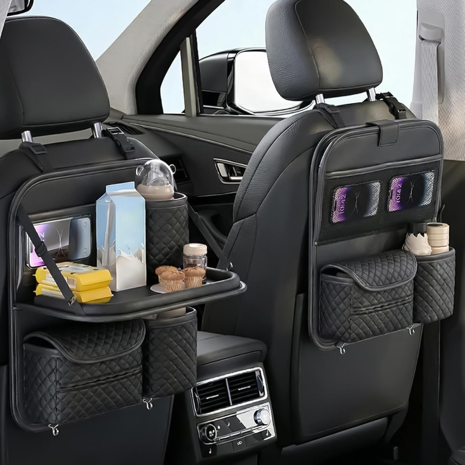 Organizer per sedile posteriore per auto, anti-fuoriuscite, con porta | Organizer posteriore con portabicchieri per telefono, bevande, viaggi su strada, vacanze in famiglia e pendolari