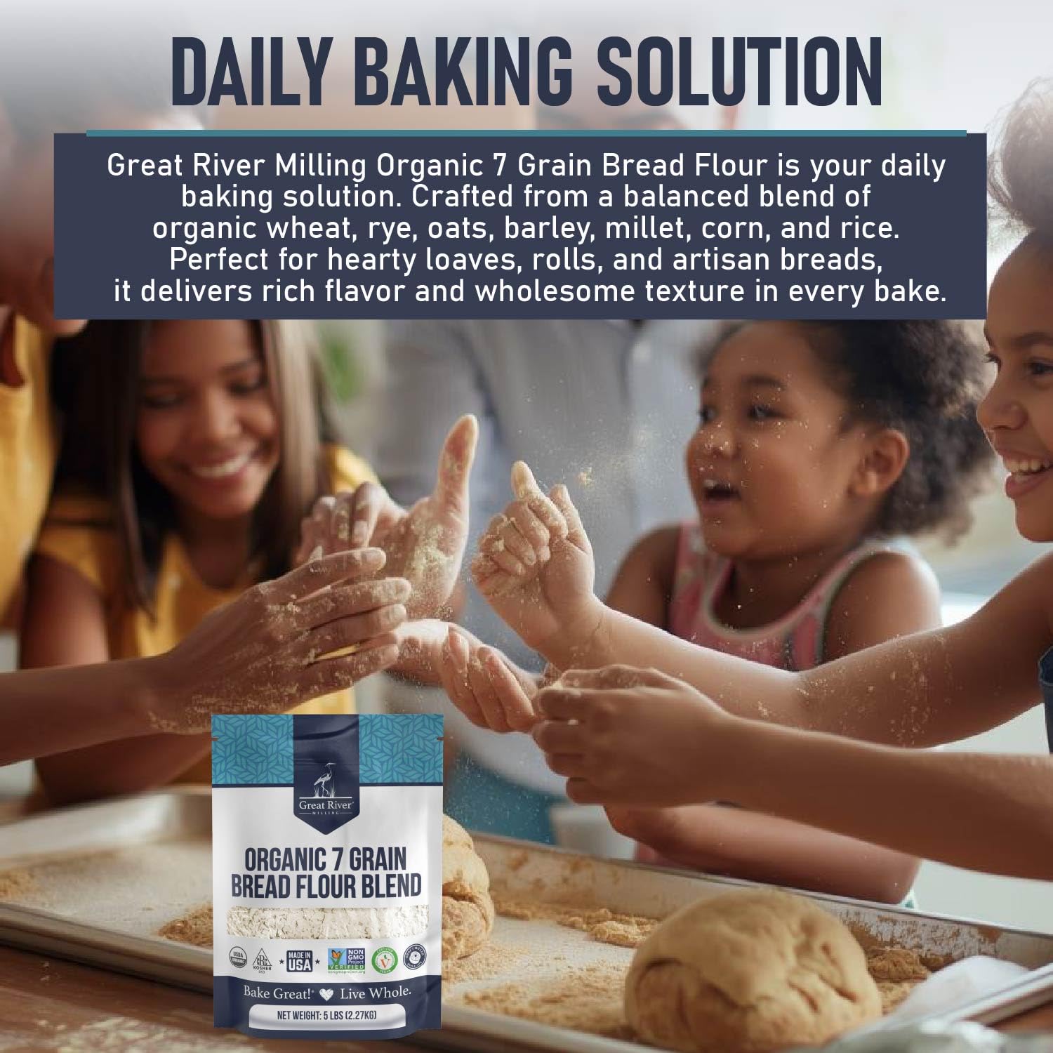 Great River Milling Organic 7 Grain Blend Bread Flour | Unbleached & Unbromated | Non-GMO, Kosher Certified | Hearty Multi-Grain Flour for Breads, Muffins & Everyday Baking | 5 Lb