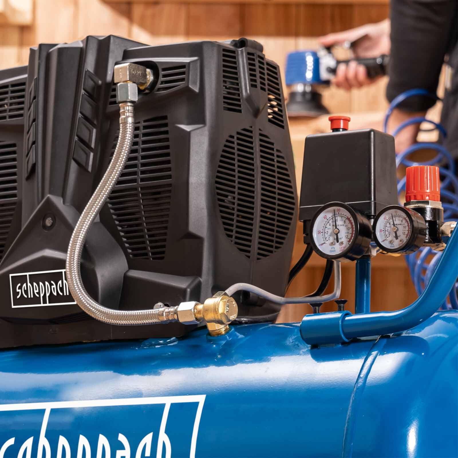 Scheppach Compresseur Bicylindre Super Silencieux HC51Si | 60 dB(A) | Cuve de 50L | 8bar | Sans huile et faible entretien | Admission d'air 300 l/min | 1500W | 2 Manomètres & Raccords Rapides