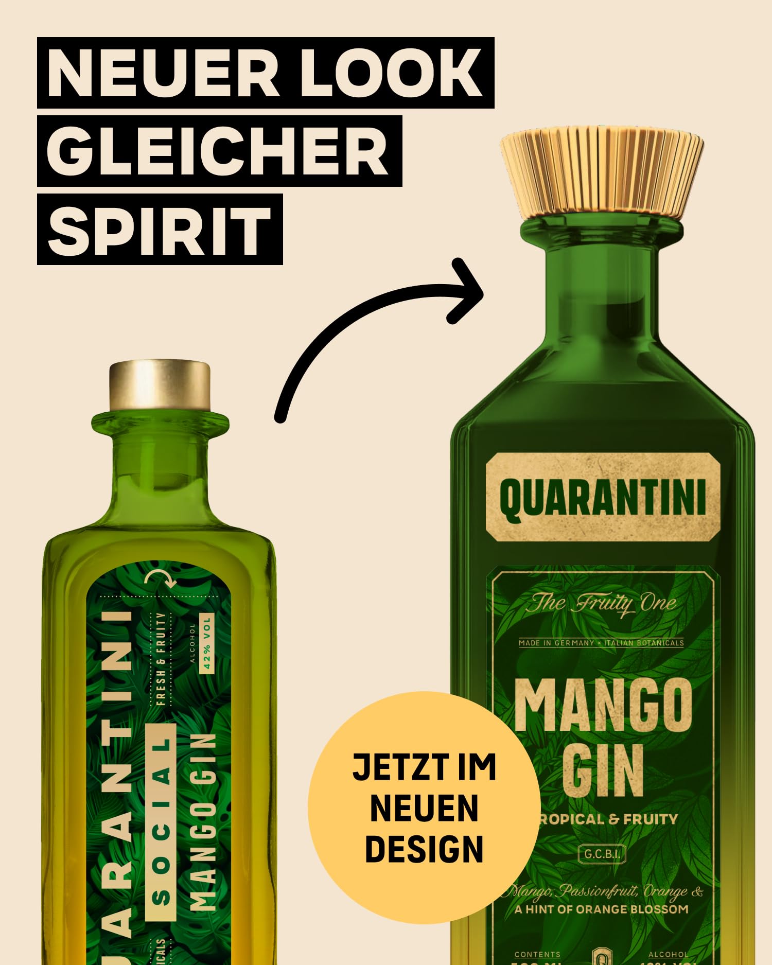 Quarantini Mango Gin (500 ml) – Key-Botanicals: reife Mango, spritzige Maracuja, fruchtige Orange, zarte Orangenblüte und Wacholder