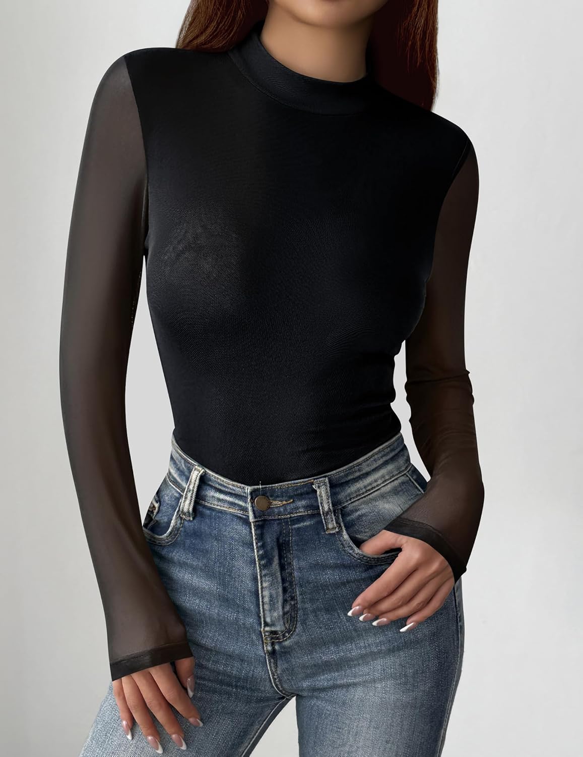 Zeagoo Womens Floral Mesh Long Sleeve Tops See Through Going Out Blouses Mock Neck Sheer Party Outfits Shirts S-XXL - Image 2