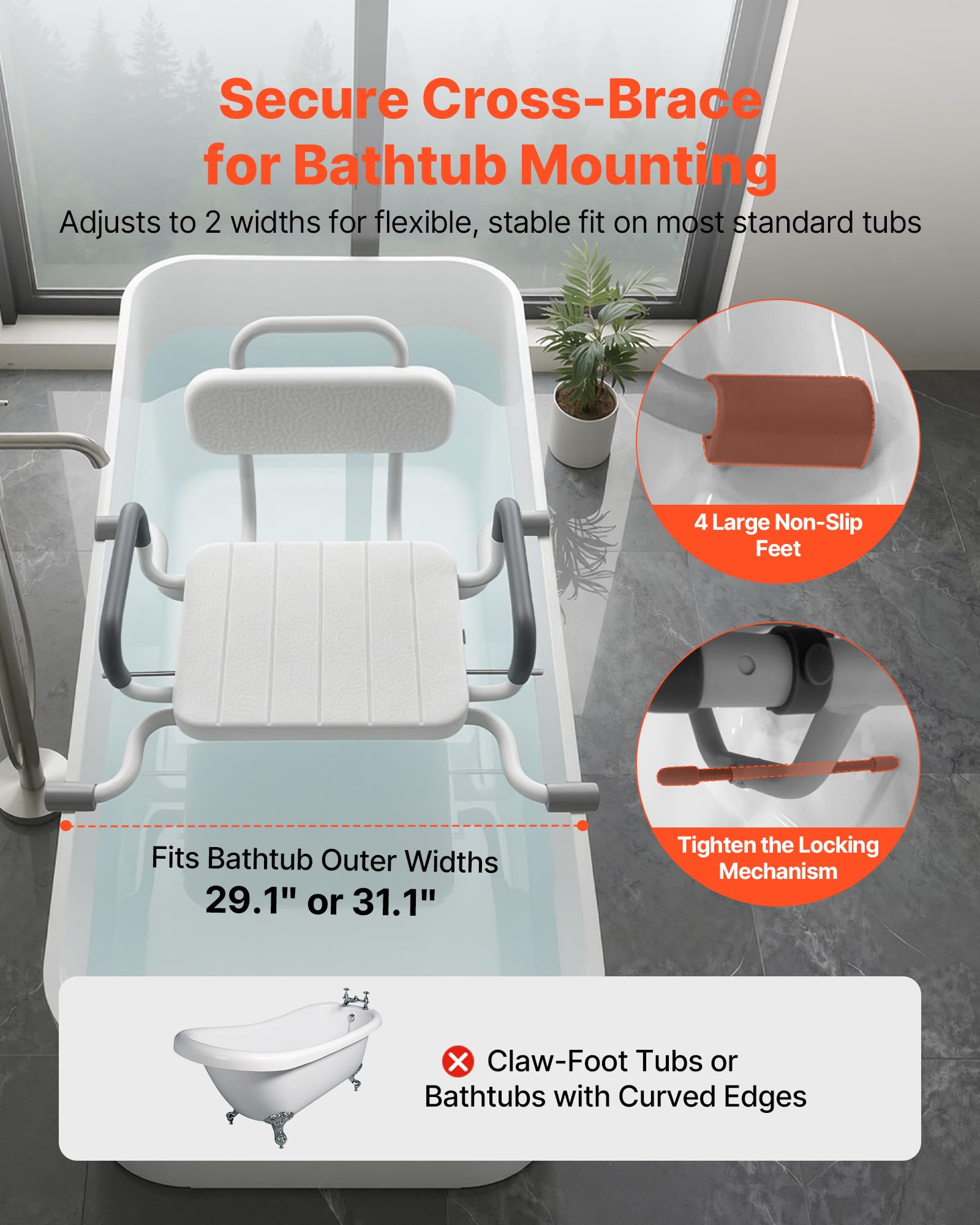 VEVOR Tabla de Bañera con Brazos y Respaldo, Asiento de Bañera con Mango Carga de 100 kg, Ancho de 740 mm o 790 mm Silla Giratoria de 360° para Adultos, Personas Mayores, Personas con Discapacidad