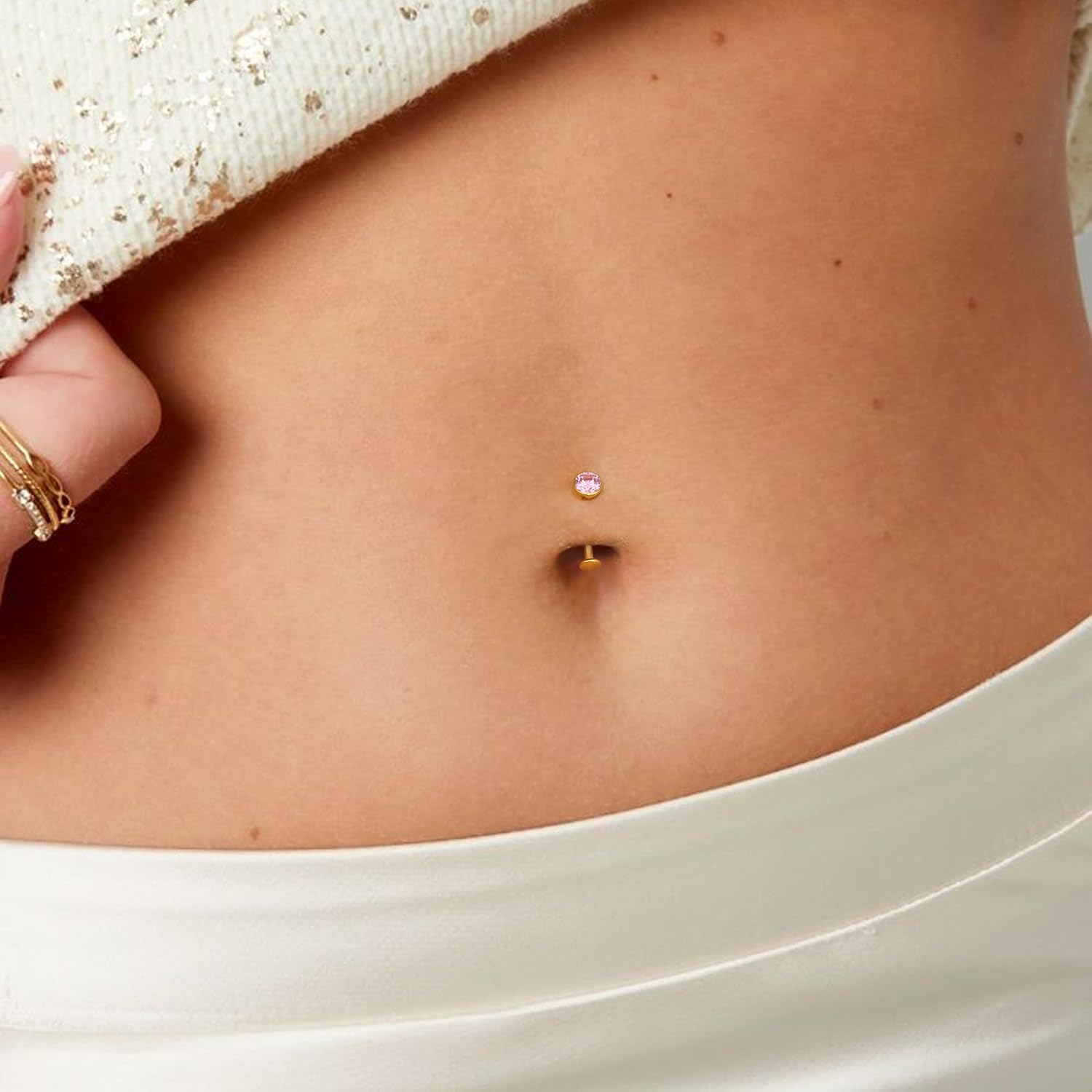 BodyBonita Upgraded Wearability Floating Belly Button Ring, G23 Titanium Internally Threaded Belly Button Piercing 14G, Curved Barbell Belly Rings, Pink Clear CZ Navel Rings with 10mm and 12mm Bar, Silver Gold Plated