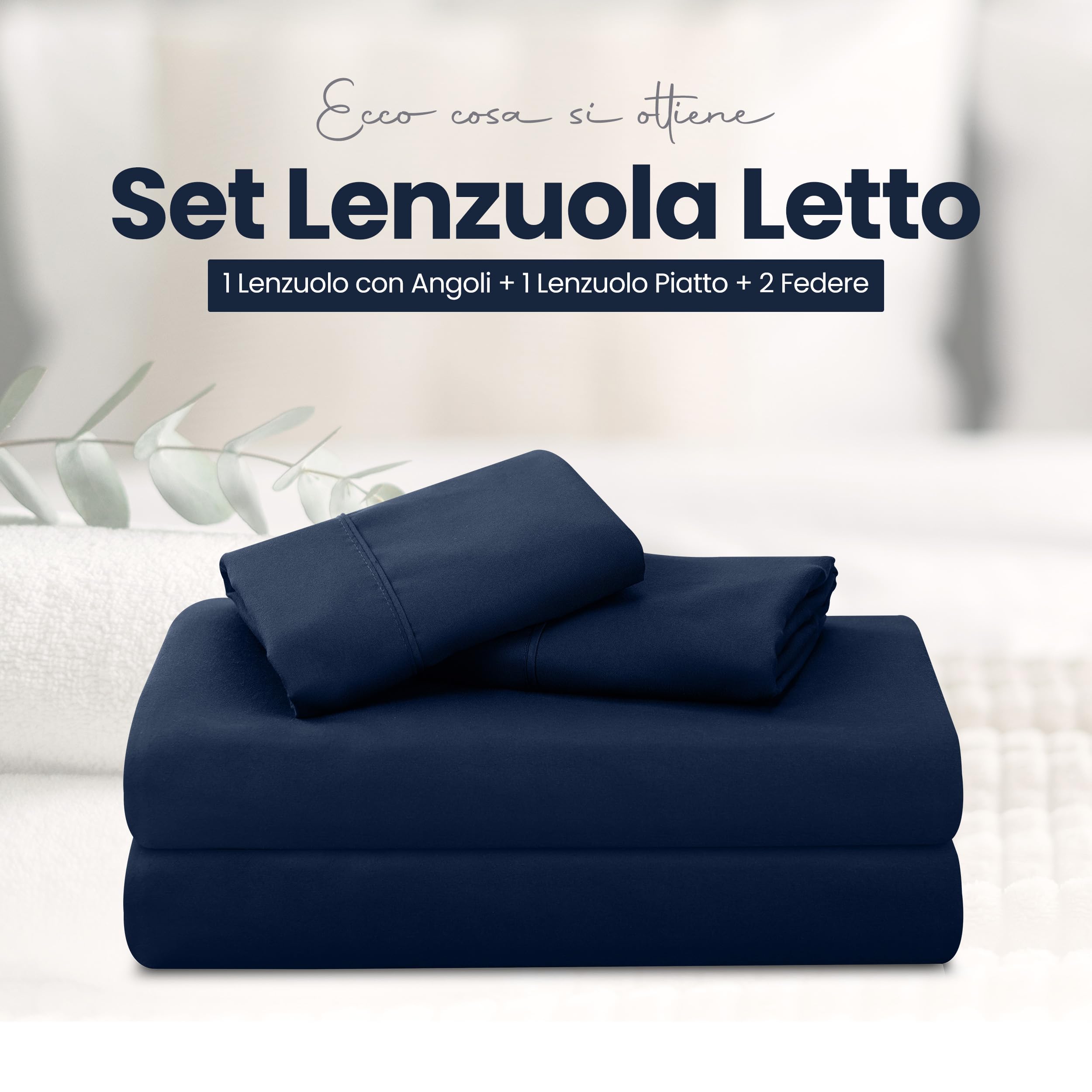 Utopia Bedding - Set Lenzuola Letto Una Piazza e Mezza 4 Pezzi 135x190 cm - Spazzolata Poliestre di Microfibra - Oeko-Tex Certificato - Lenzuolo con Angoli, Lenzuolo Piatto e 2 Federe 50x75, Blu Navy