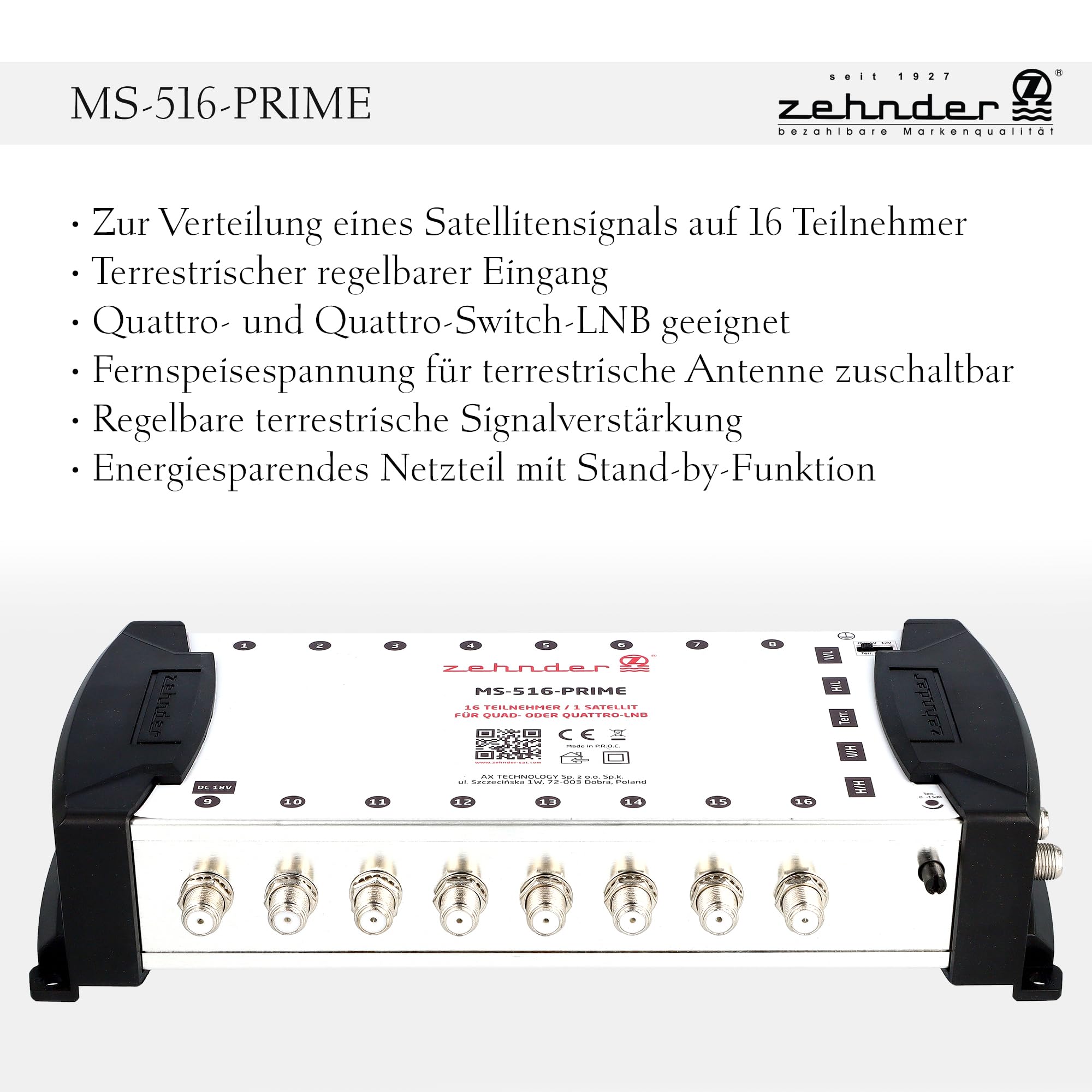 [ Test très bien *] Commutateur multiple ZEHNDER 5/16 pour LNB Quattro & Quad LNB, commutateur multiple pour 1 satellite et 16 participants (TV, récepteur satellite), répartiteur satellite numérique