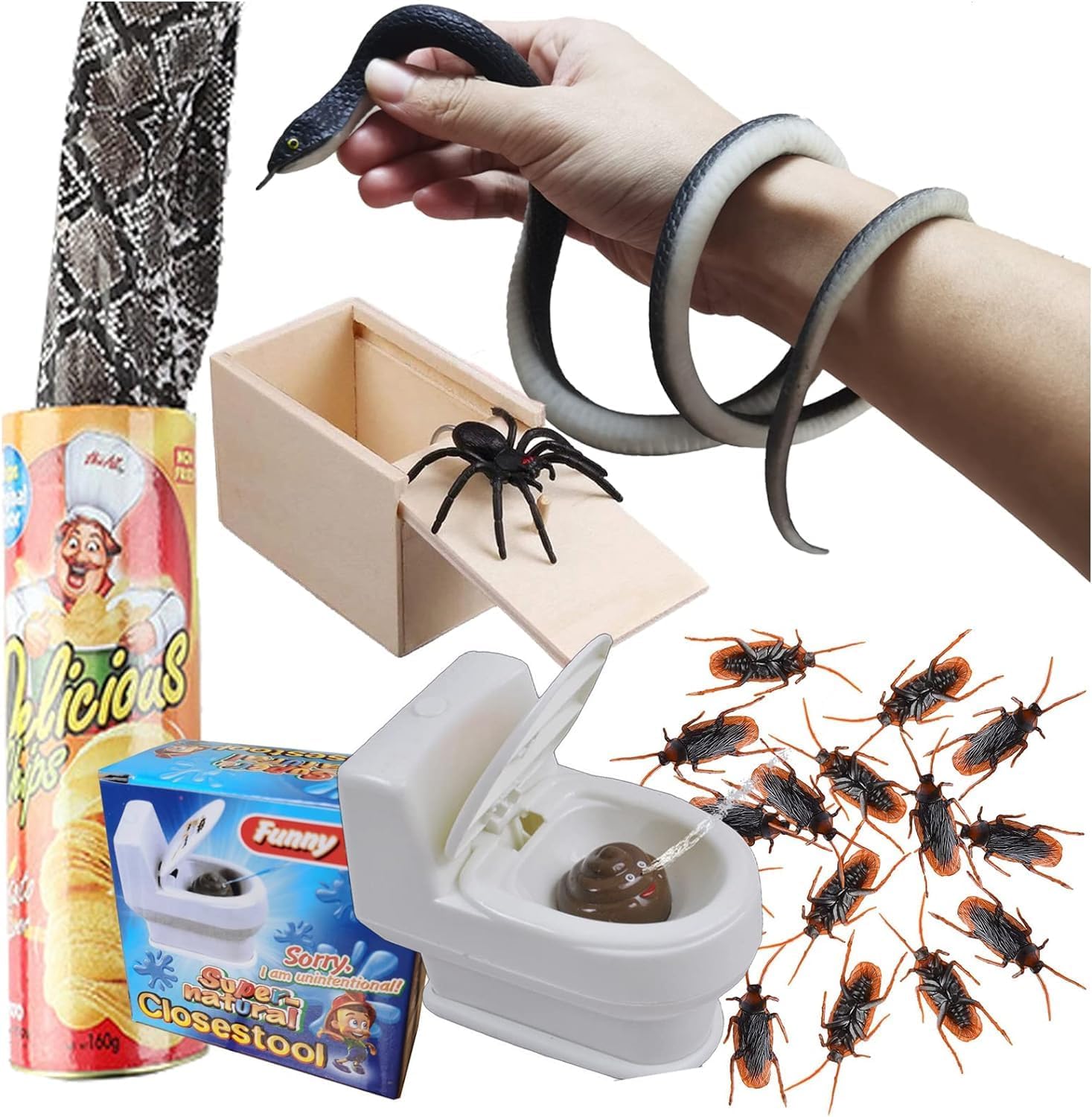 Prank Kit Funny Gag Gifts, Realistic Rubber Snakes Fake Roaches Surprise Spider Box for April Fools Day Halloween Party Decoration