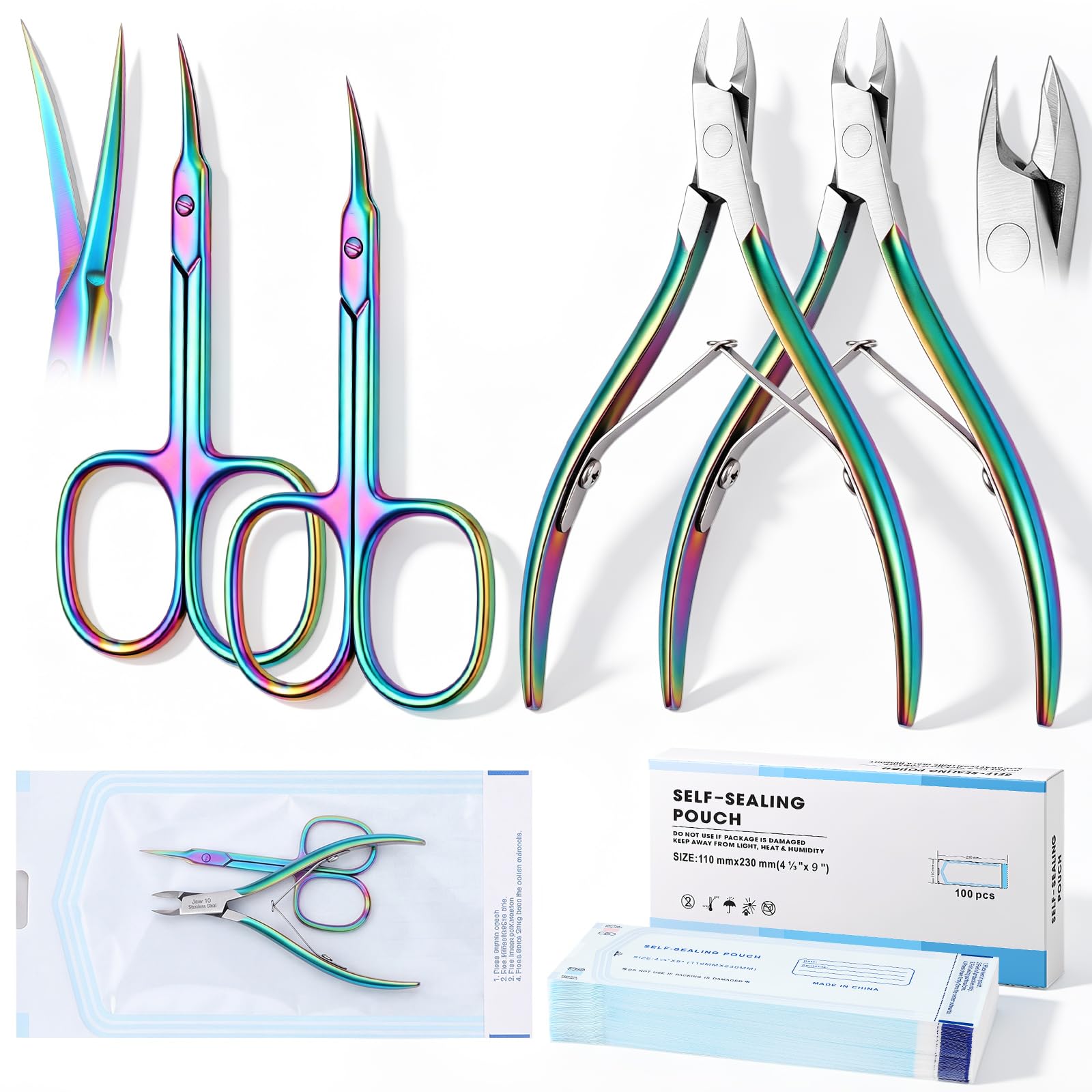 Lothee Forbici per cuticole curve, 4 pezzi, 100 sacchetti sterilizzatori