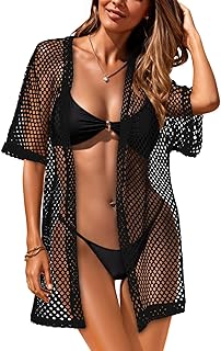 Women Swimsuit Coverup Crochet Beach Cover Up Short Sleeve Kimono Cardigans Causal Bikini Open Front Outfits