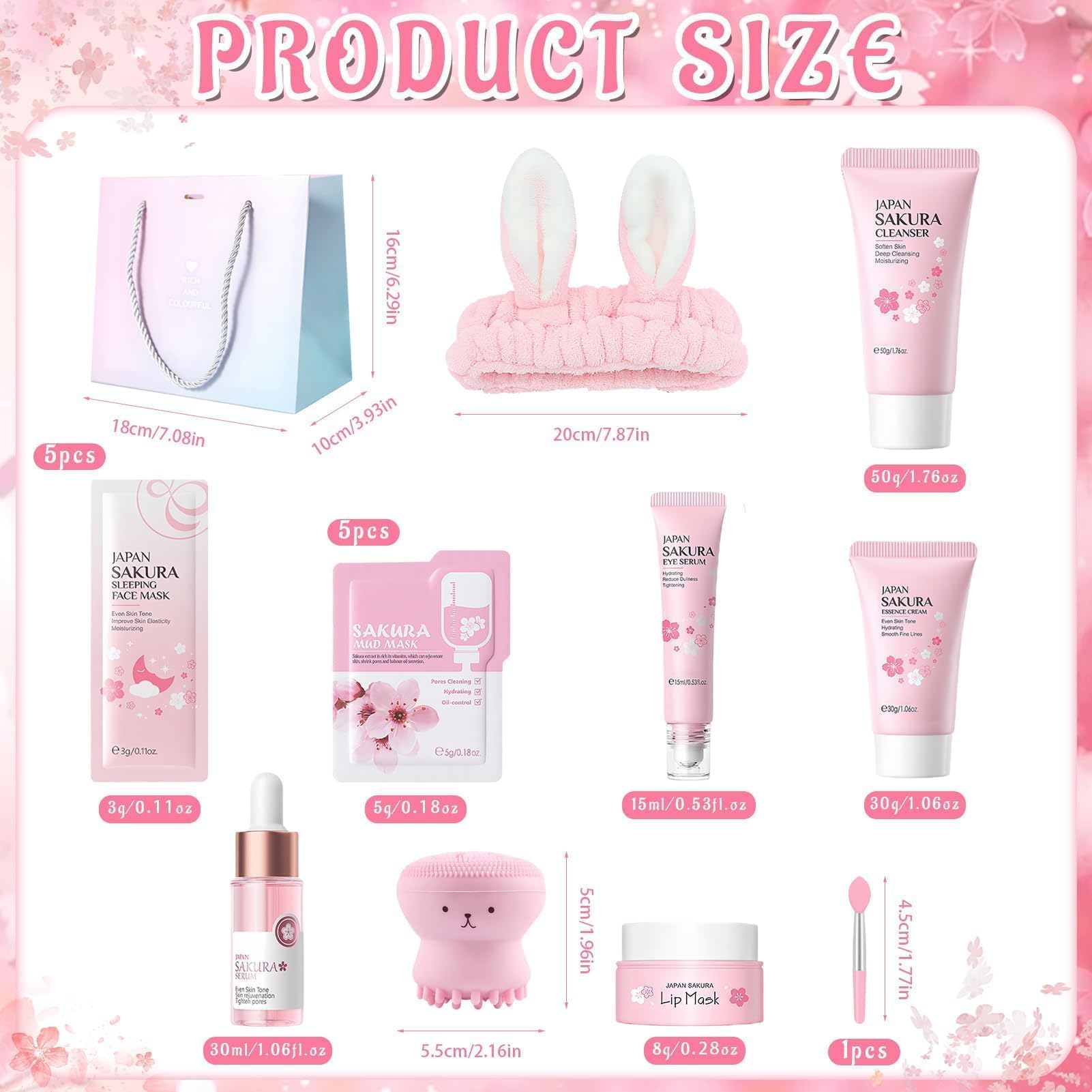Kit per la Cura della Pelle Sakura 18 Pezzi,Include Detergente,Crema, Siero,Siero per gli occhi,Maschera di fango,Maschera per dormire, Accessori,Set Skincare Viso Completo per Ragazze e Donne