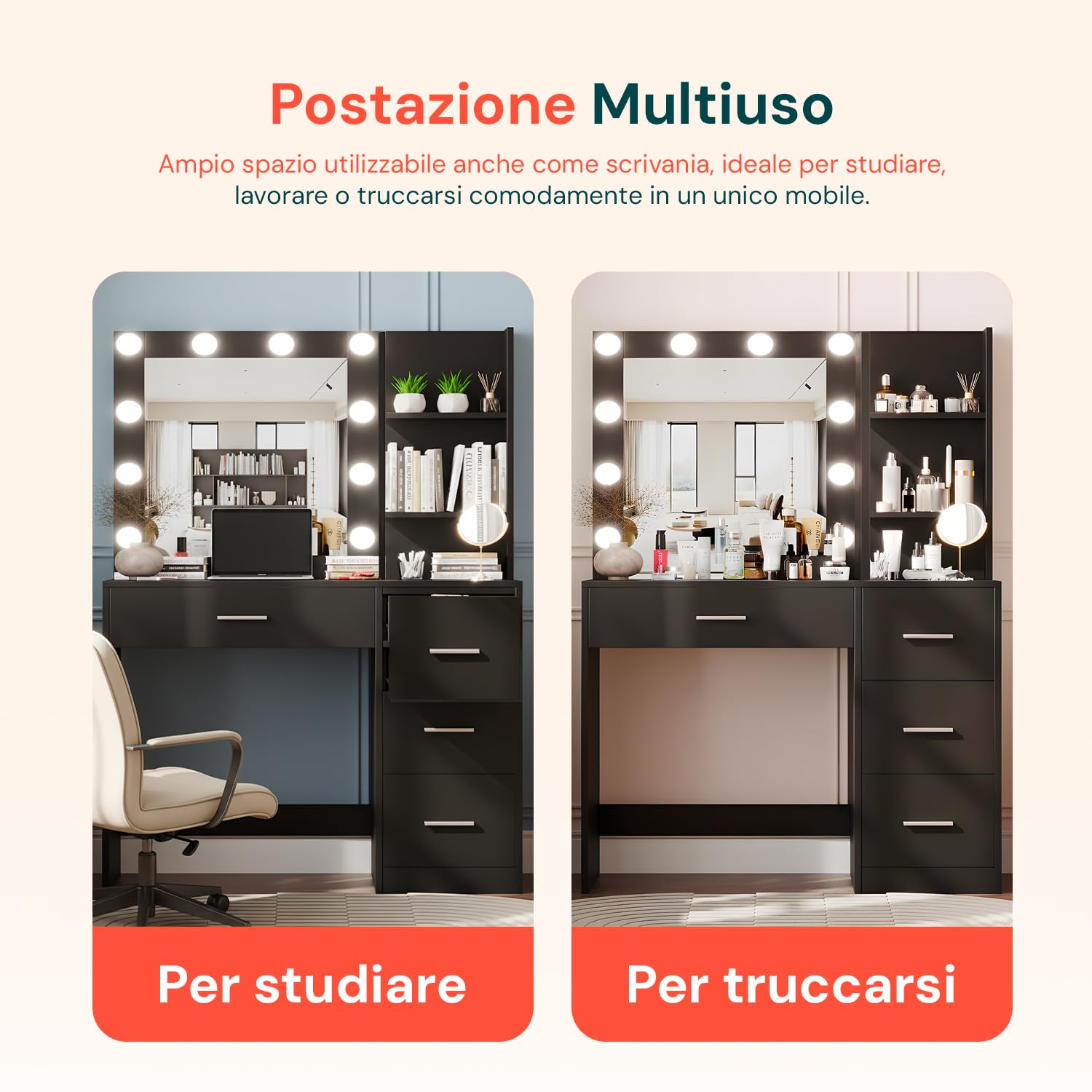 Avilia - Postazione Trucco con Specchio Trucco con Luci LED – 12 Lampadine, 3 Tonalità, 4 Cassetti, 3 Ripiani | Scrivania Trucco con Specchio, MDF, H140×L94×P40 cm, Multiuso Studio e Make-Up