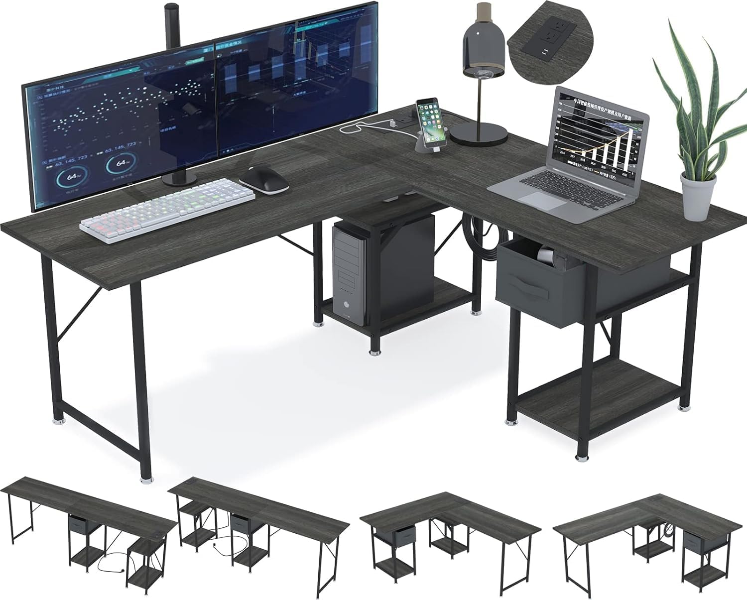 L Shaped Desk with Drawers, Gaming Desk, Corner Computer Desk with Storage and Power Outlet,Reversible U Shaped Work Pc Desk for Home Office with Monitor Stand 2 Person Long Desk 56 Inch Gray