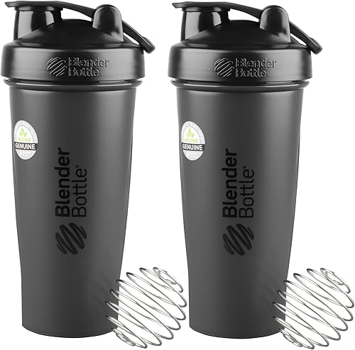 BlenderBottle - Paquete de 2 botellas mezcladoras clásicas de 28 onzas con bucle y bola agitadora en color negro, perfecta para batidos de proteínas