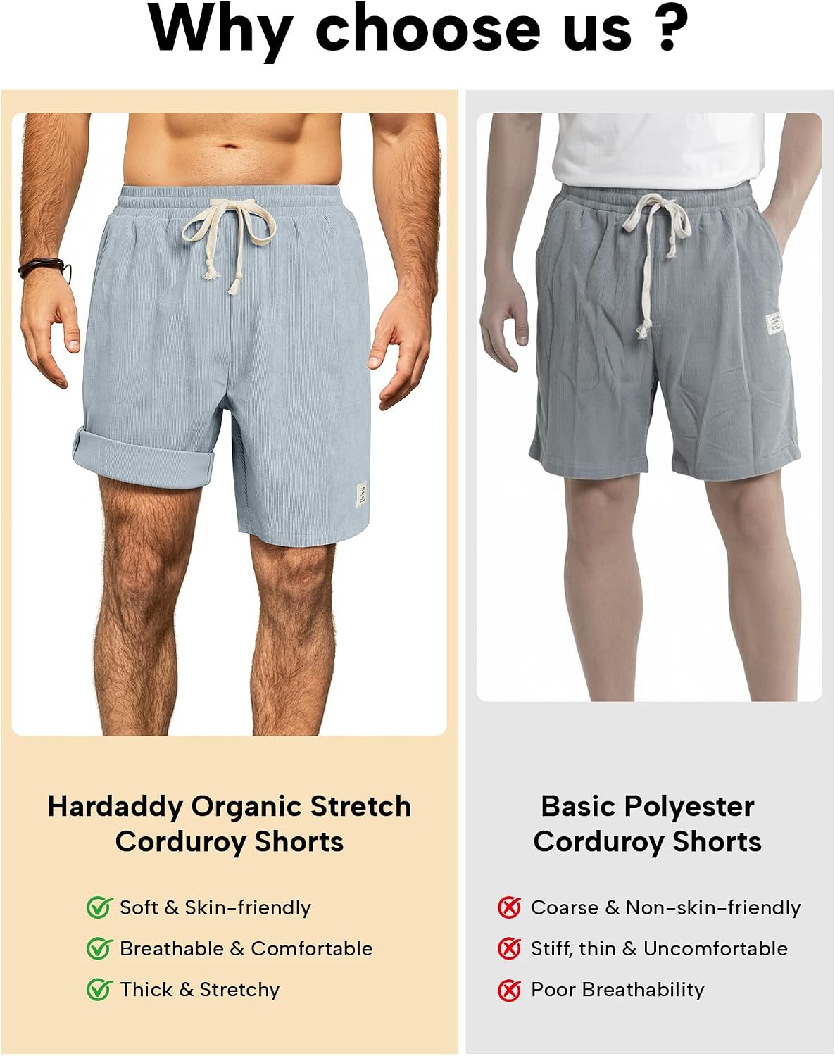 Hardaddy Mens Corduroy Shorts Elastic Waist Drawstring Casual Summer Beach Lounge Short