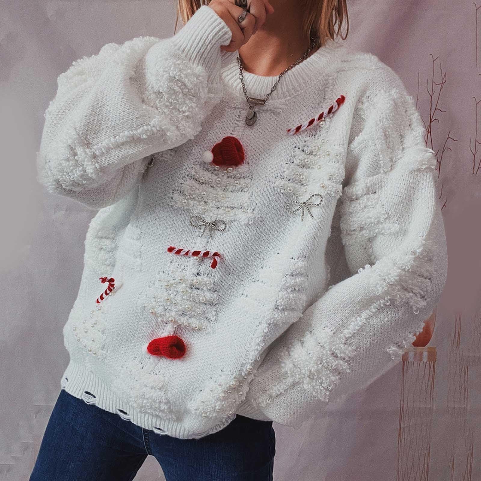 Maglione natalizio da donna a girocollo con spacco natalizio, lavorato a maglia, con motivo grafico albero di Natale, top eleganti ed eleganti, maglioni a tunica