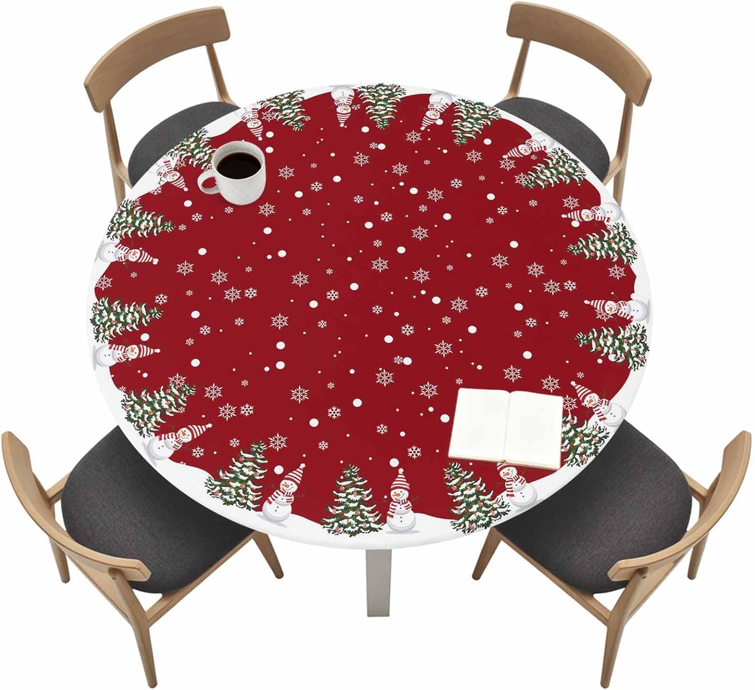 Christmas Round Tablecloth Fitted Table Cover, Elastic Tablecloths Waterproof Outdoor Indoor Stretch Cloth Tablecover for Dinner, Party, Shower, Winter Snowflake Red Snowman 55-60IN